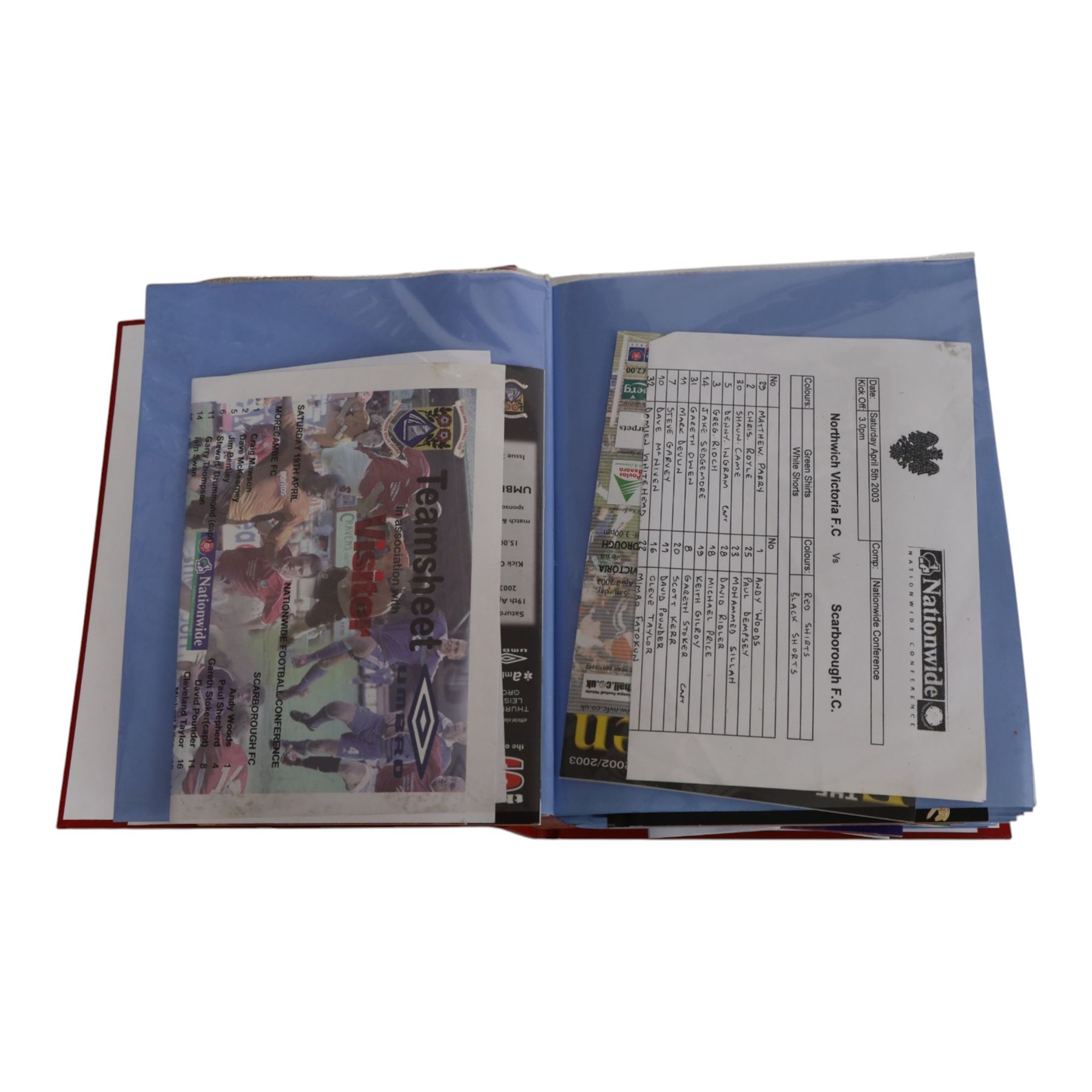 Comprehensive collection of approximately two hundred and twenty Scarborough FC football programmes for the 1999/00, 2000/01, 2001/02 and 2002/03 seasons, all filed within eight dedicated Scarborough FC red Home and Away binders