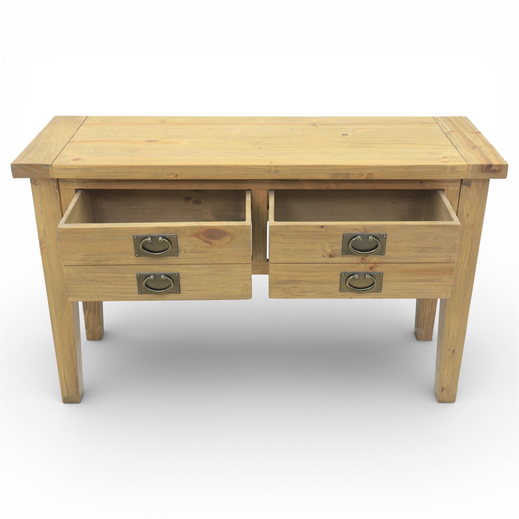 Rustic pine modern console table, fitted with two drawers
