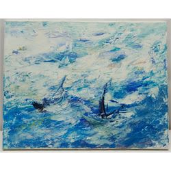 Madeleine Eyland (Belgian/British 1930-2021): 'Stormy Sea', acrylic on canvas unsigned, artist's studio label verso 39cm x 50cm (unframed) 
Provenance: artist's studio collection. Marie-Madeleine Eyland (neé Legrain) was born in 1930 at Floriffoux, Belgium; she lived most of her life in Scarborough working as a nurse and an artist.
