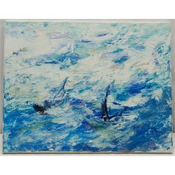 Madeleine Eyland (Belgian/British 1930-2021): 'Stormy Sea', acrylic on canvas unsigned, artist's studio label verso 39cm x 50cm (unframed) 
Provenance: artist's studio collection. Marie-Madeleine Eyland (neé Legrain) was born in 1930 at Floriffoux, Belgium; she lived most of her life in Scarborough working as a nurse and an artist.