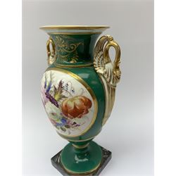 A 19th century twin handled vase, the baluster body with twin swan modelled handles, painted with a central panel of flowers, upon a green ground, H21.5cm.