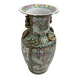 20th century Chinese Canton floor vase, of baluster form painted to each side with panels containing officials and attendants, with foliate borders of peony, fruiting peach sprays and exotic birds, H93cm 