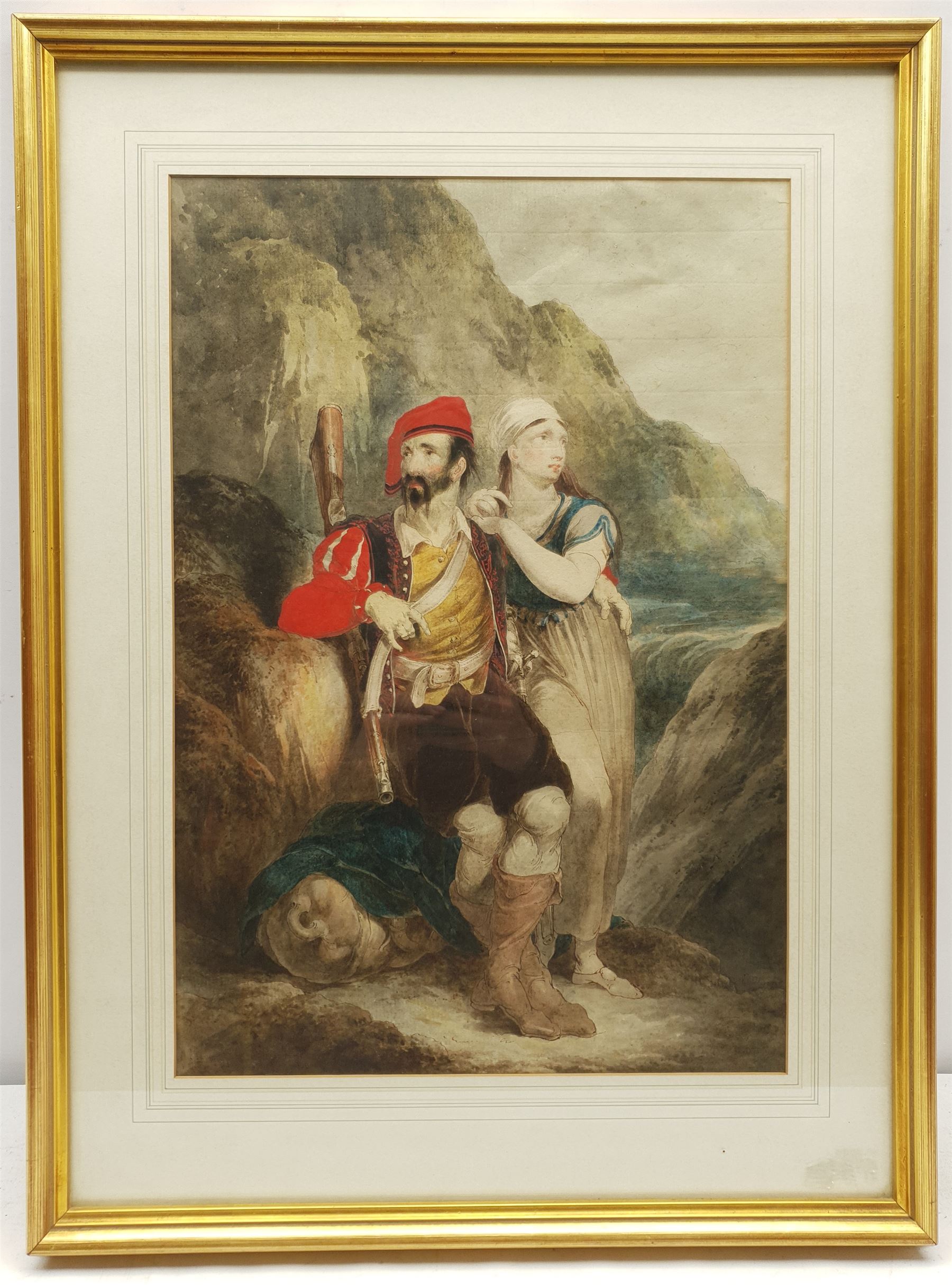 Thomas Uwins (British 1782-1857): The Soldier and his Girl, pen ink and watercolour over pencil signed 46cm x 32cm