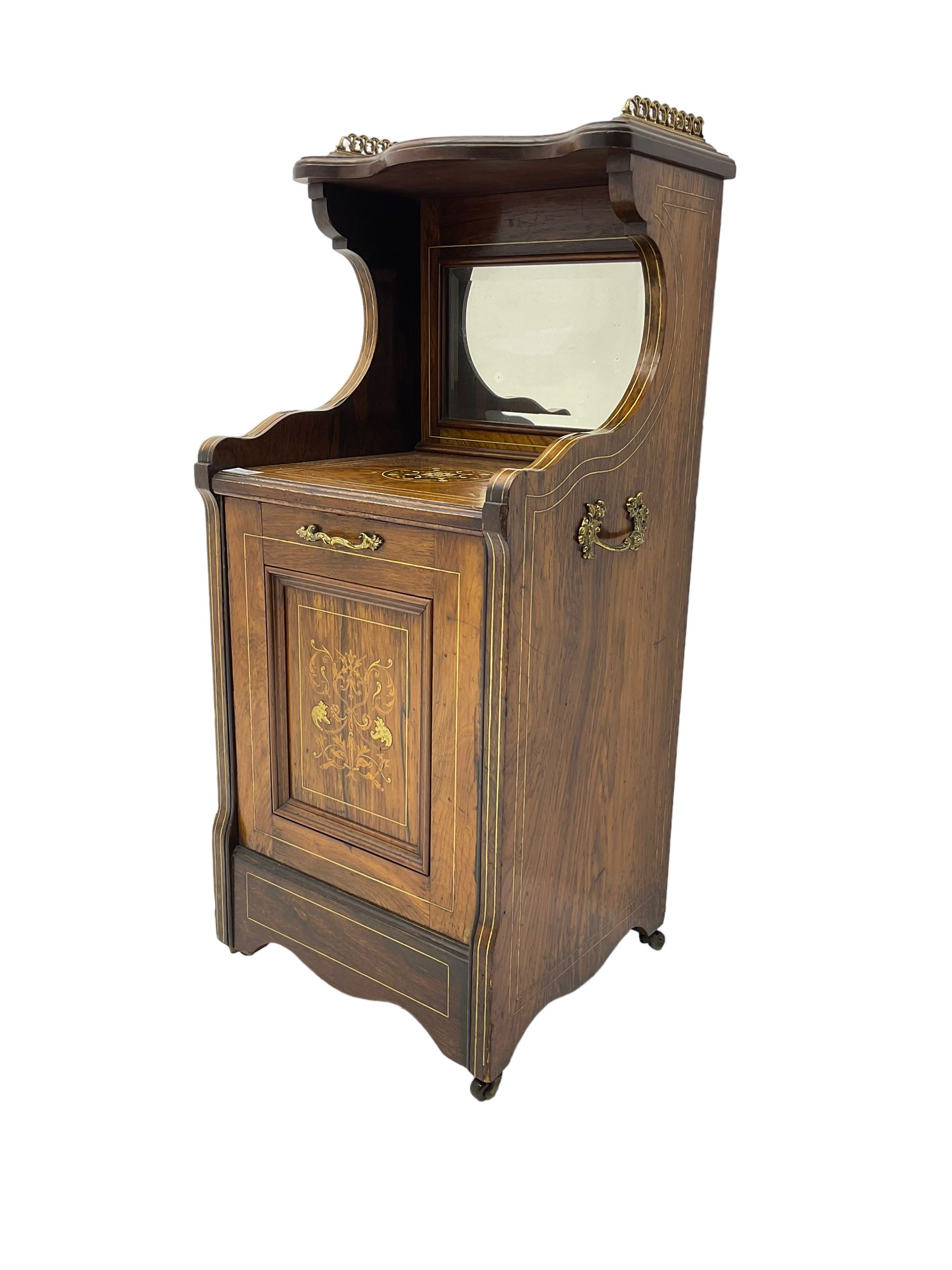 Edwardian inlaid rosewood  fall-front coal purdonium serpentine top with raised fretwork gallery, over bevelled mirror-back, the panelled fall-front door inlaid with foliate patterned ivorine and boxwood, on castors