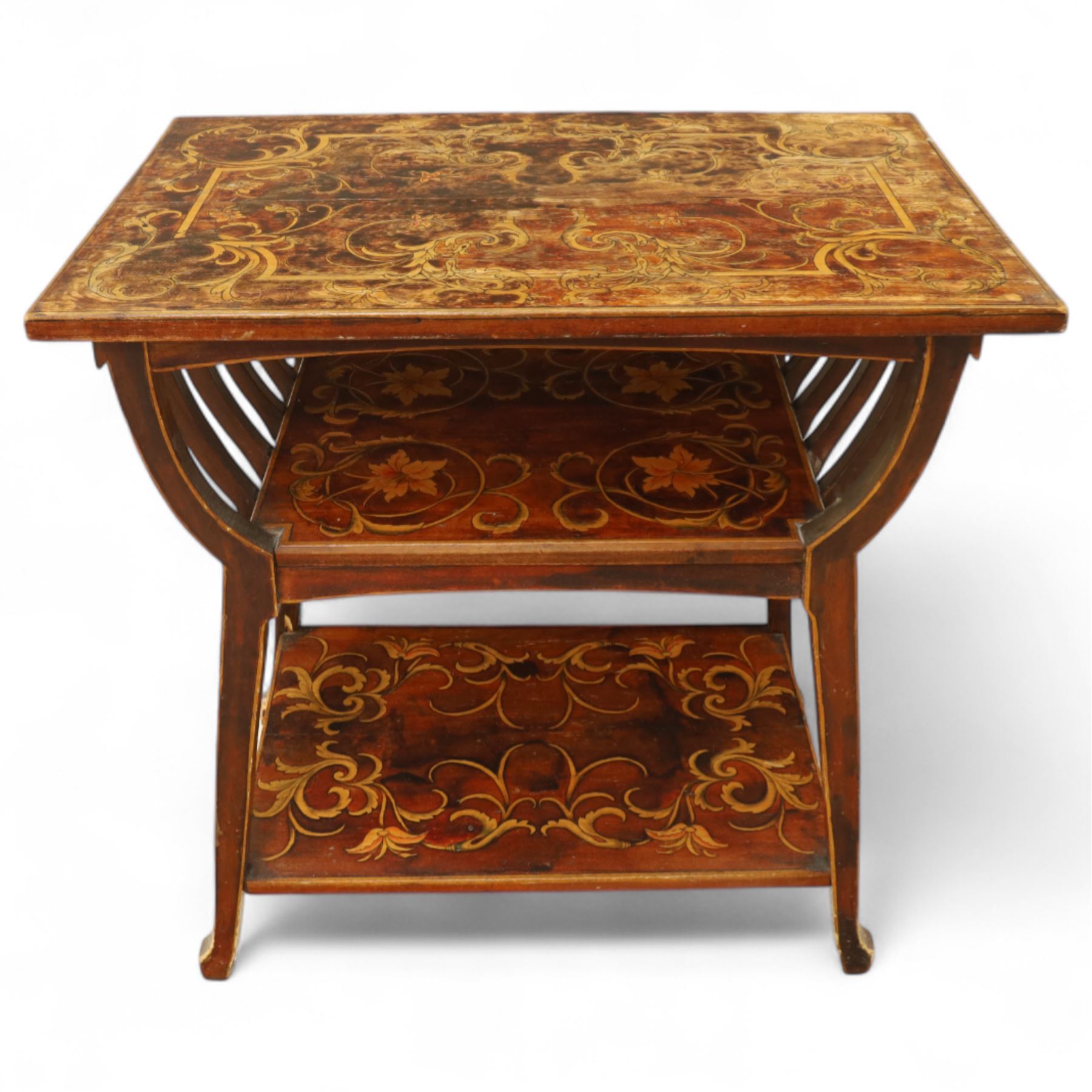 19th century mahogany coal scuttle, shaped raised back carved with shell fan motif, swing front enclosing original removable metal liner with handle, panelled front with cast drop handle, over slatted undertier (H 65cm, W 33cm, D 34cm)
Early 20th century mahogany magazine table, rectangular top and undertier decorated with gilt foliate and scroll marquetry, shaped pierced side rails forming magazine divisions, on square tapering supports (H 70cm, W 71cm, D 45cm)