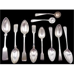 Collection of nine 19th century silver spoons, including a Fiddle pattern teaspoon with bright cut decoration, hallmarked George Burrows (I), London 1797 and two similar examples, four Fiddle pattern teaspoons, each with various makers and dates, an American coin silver teaspoon, by McFadden & Co and two salt spoons, the first example with bright cut decoration, hallmarked London 1804, maker's mark indistinct, the second example hallmarked Peter & William Bateman, London 1813