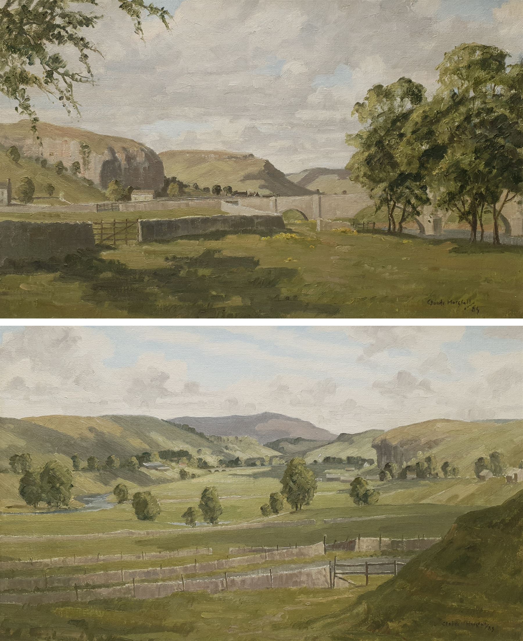 Claude Horsfall (British 1907-2003): 'Wharfedale from Dead Man's Hill' & 'Conistone Bridge and Kilnsey Crag', pair oils on board signed, original title labels verso 36cm x 59cm (2)