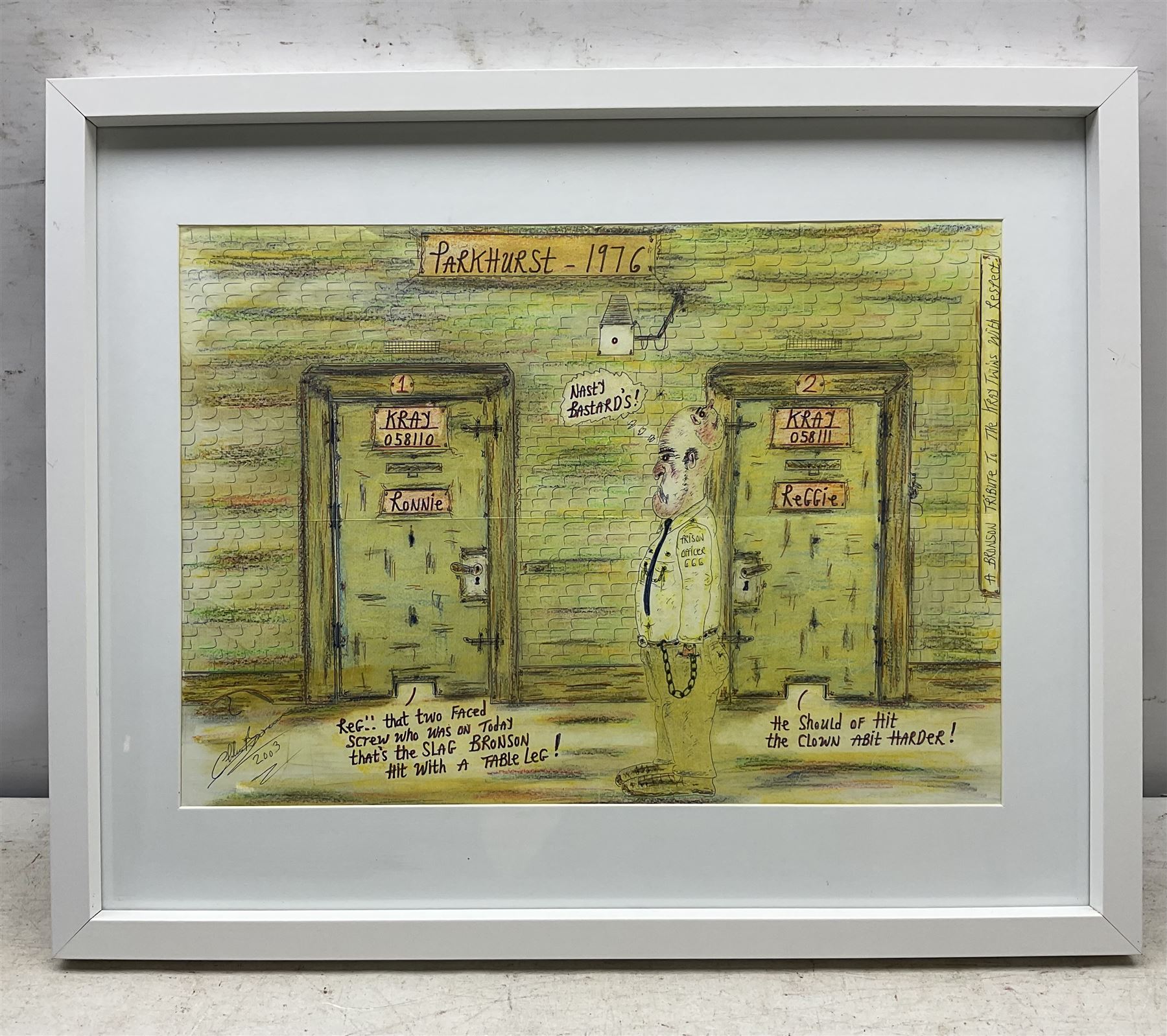 Charles Bronson (Charles Arthur Salvador) (British 1952-): 'A Bronson Tribute to The Kray Twins with Respect', mixed media signed titled and dated 2003, 29cm x 41cm