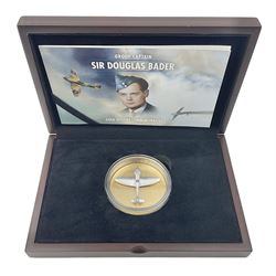 Group Captain Sir Douglas Bader gold spitfire commemorative, 9ct gold medallion mounted with a model of a Spitfire made from aluminium from AB910, gross weight 62 grams, cased with certificate