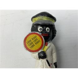 Robinson Jam plaster Golly band, including drummer and singer, H7.5cm

Originally handmade by mothers in Africa for their children from old fabric and cloth, the golly doll was adopted as the mascot and trademark for the Robertson's confectionery brand around 1910 after the company's founder John Robertson visited the US and noticed children playing with them. Robertson's Gollies have been collected by people across the UK and around the world for generations but garnered a contentious image in the 1980s because of links to racism. The trademark was removed from Robertson's branding in 2001.