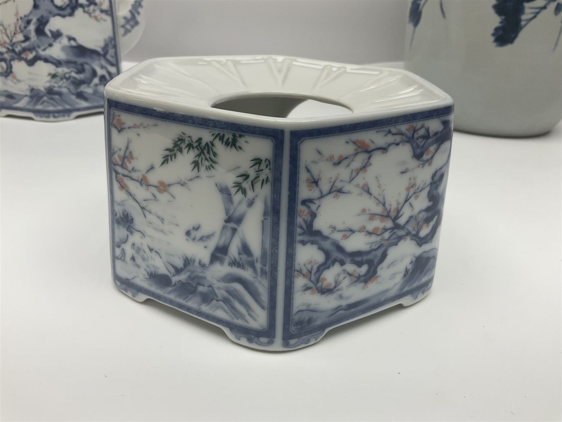 Chinese vase, decorated with vines and grapes and signed beneath, together with Chinese tea set of hexagonal form, comprising teapot and stand and six cups, vase H30cm