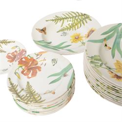 Modern Spode dinner service for twelve plates settings, decorated in the Floral Haven pattern, comprising large plates, smaller plates, dishes, side plates, and pair of serving bowls, largest plates D32cm