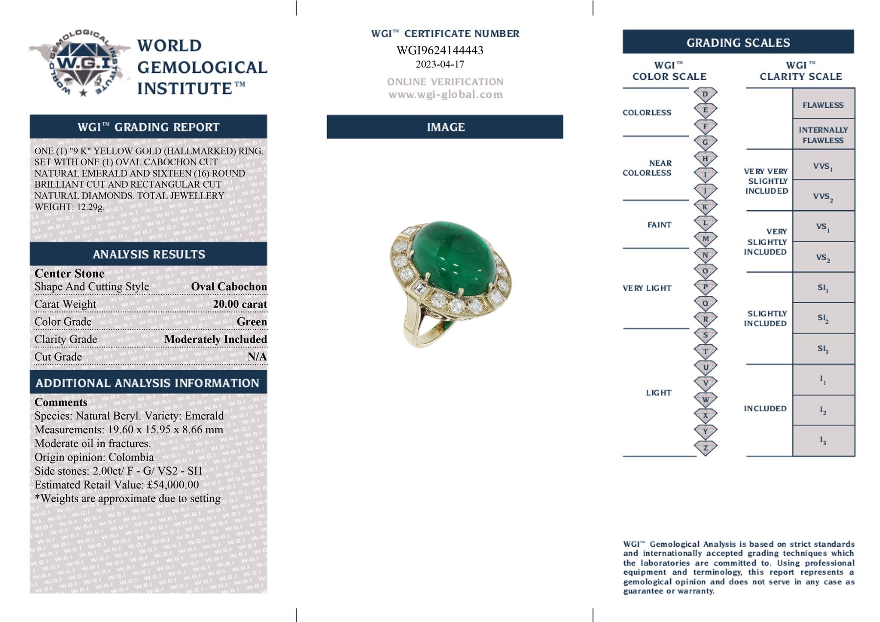 Gold emerald and diamond ring, the central oval cabochon emerald, with sixteen round and rectangular cut diamond halo surround by Judith Crowe, hallmarked 9ct, emerald 20.00 carat, total diamond weight 2.00 carat, with World Gemological Institute report