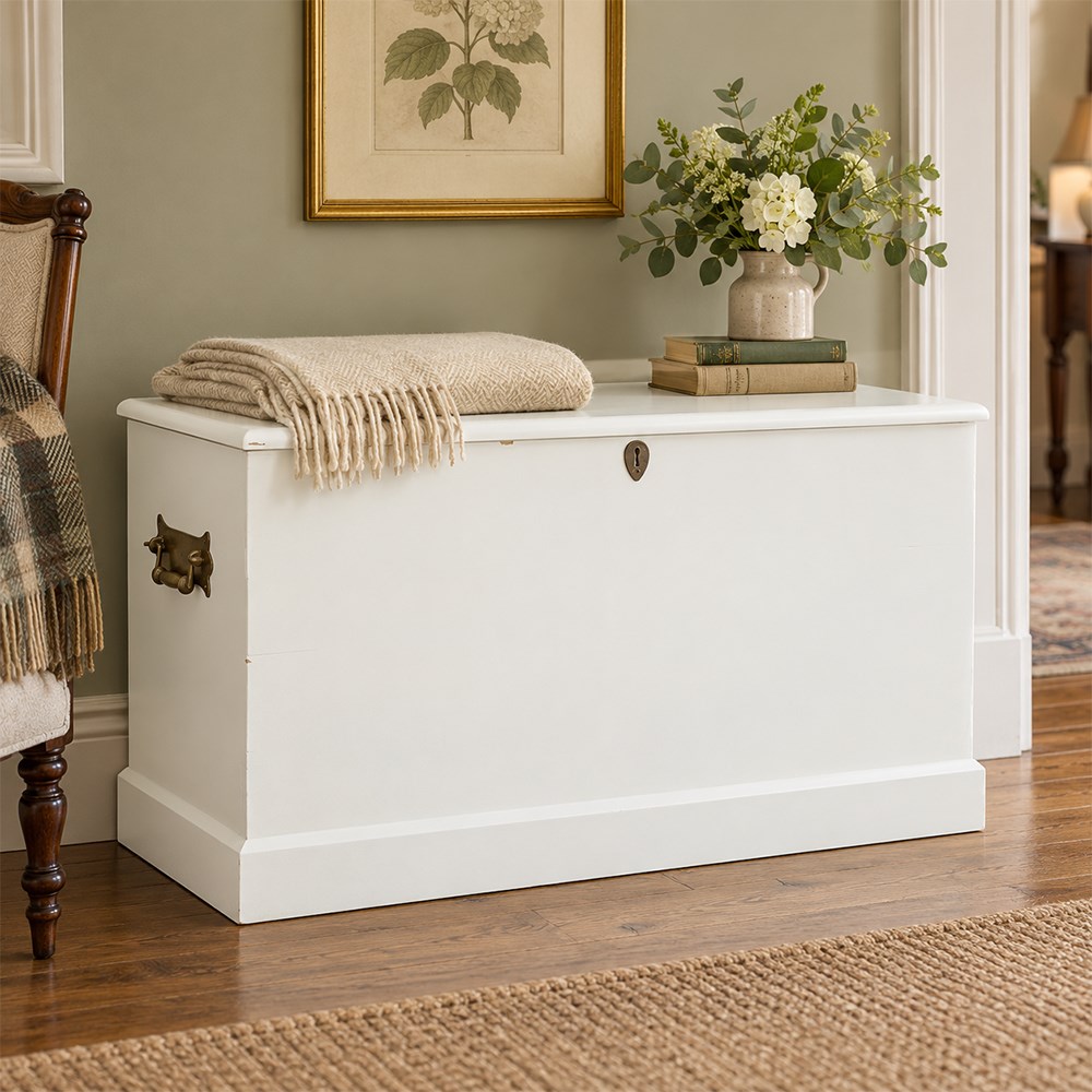 And So To Bed - Victorian style white painted blanked chest with twin brass carrying handles, on plinth base