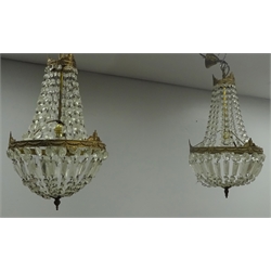  Pair gilt metal bag chandeliers with faceted glass drops, D30cm  