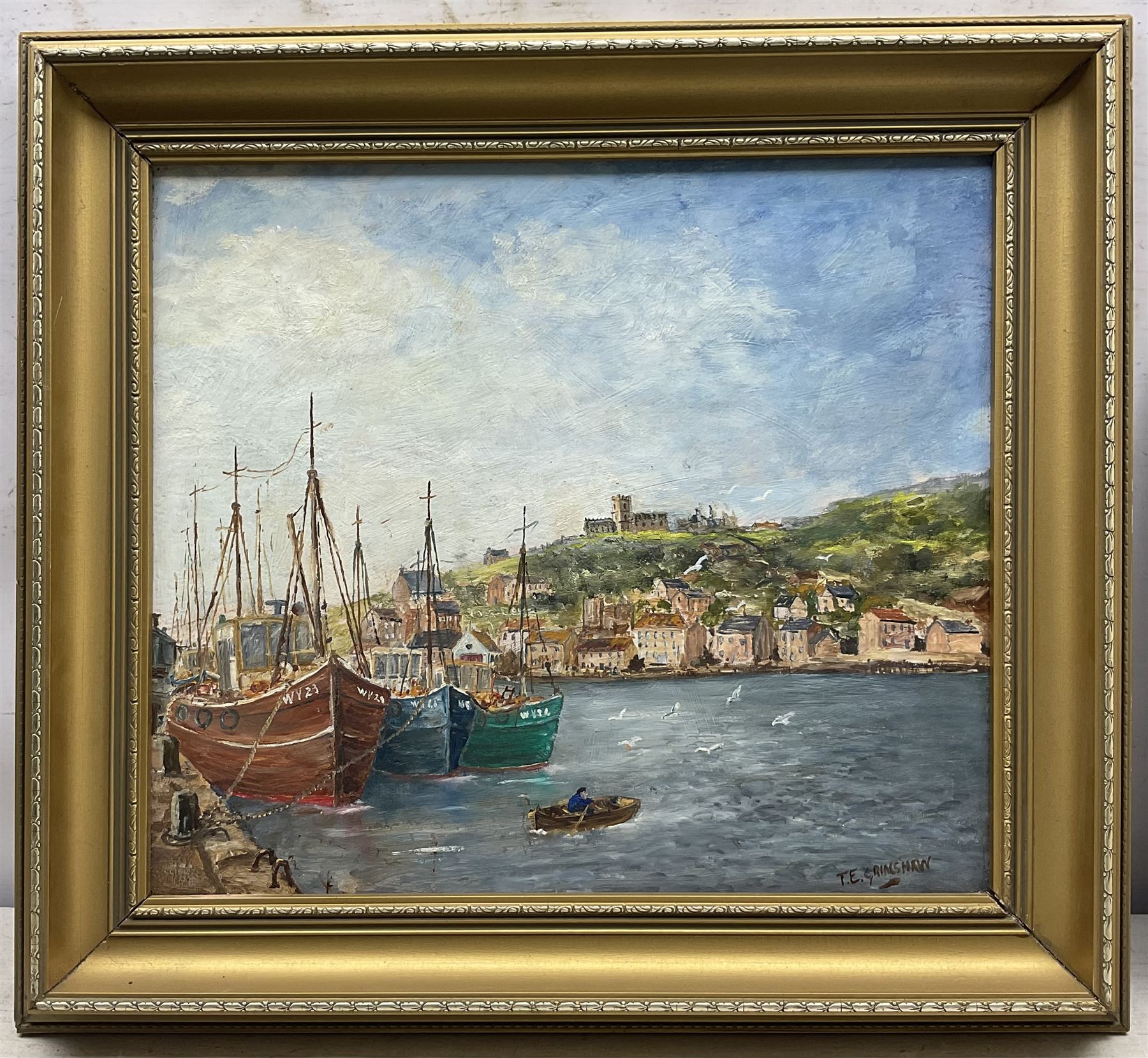 T E Grimshaw (British 20th Century): 'Whitby Harbour' and 'Scarborough Harbour', two oils on board signed, titled verso 37cm x 42cm (2)