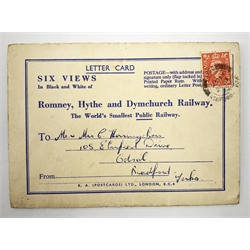 Walt Disney (1901-1966), American Animator, Academy Award Winner, signed letter card in blue ink, the envelope folding out to reveal six views in black and white of Romney, Hythe and Dymchurch Railway, and hand written letter detailed 'This afternoon we were talking to Walt Disney down at Dungeness, that's his autograph on the back of the card, he was driving one of the miniature trains.', post marked indistinct, dated 52. 