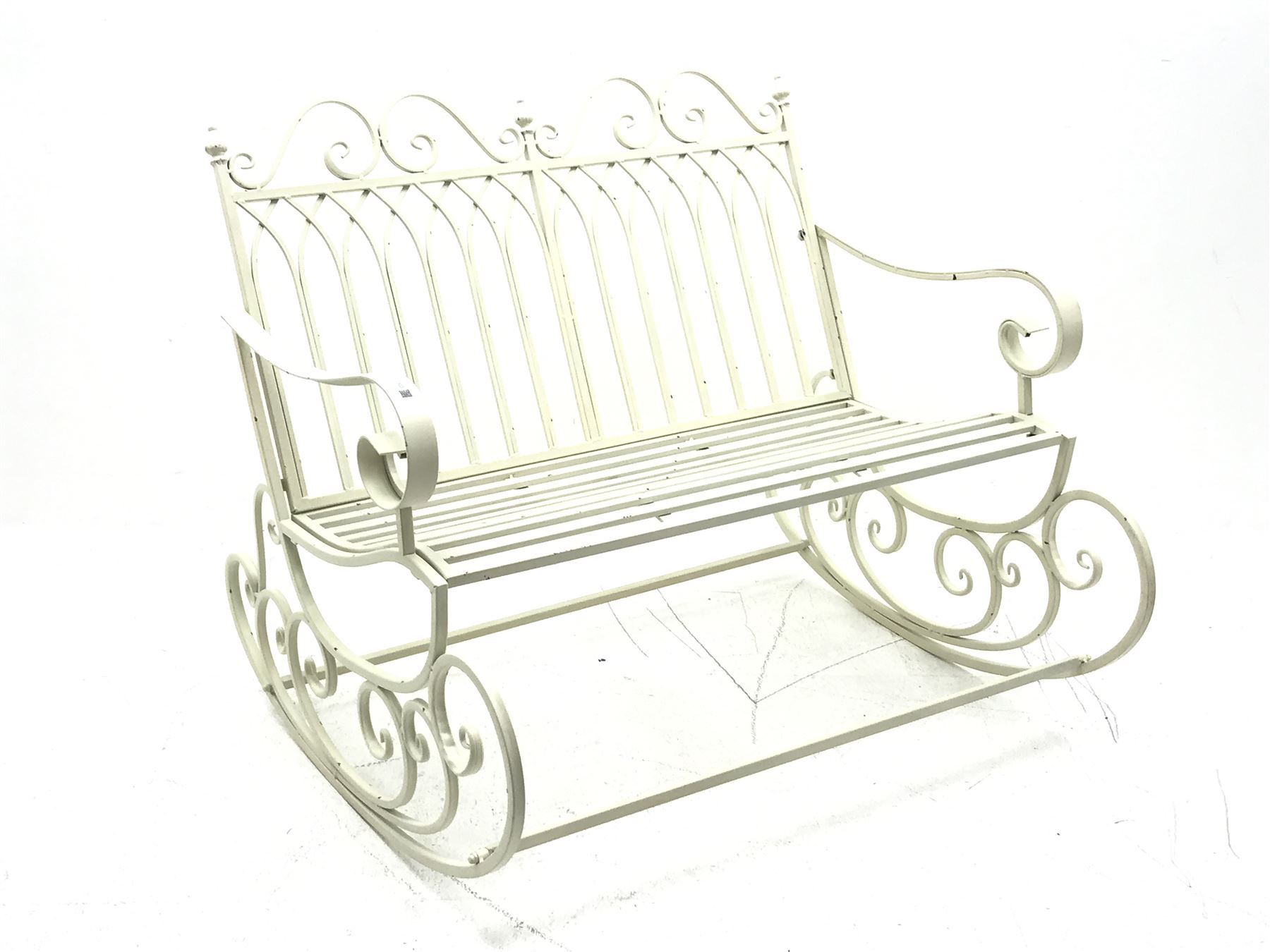 *White finish metal two seat garden rocking bench, W109cm The