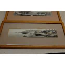  Japanese School (20th century): Landscapes, set four watercolours with character signature 6cm x 28cm (4)  