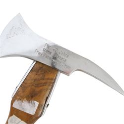 German Fire Service Presentation Axe, the chromed steel head stamped ''Fur 40 Jahre treue Dienste Frw.Feuerwehr Upen'', with ash handle and leather sheath, H38cm 
