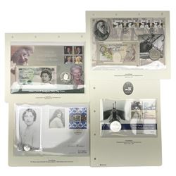 Four coin covers, comprising 2000 'The Queen Mother's 100th Birthday Silver Coin & Banknote Cover' limited edition 56/500, 2000 'Charles Darwin Commemorative Coin & Banknote Cover' limited edition 68/500, 2001 'Celebrating the 100th Birthday of Her Majesty The Queen Mother' containing  a 1999 silver one pound coin and 2001 'Royal Navy Submarines 100th Anniversary Cover' containing 2001 Turks & Caicos Islands 20 crowns silver coin
