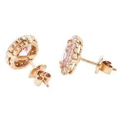 Pair of 18ct rose gold oval cut morganite and round brilliant cut diamond cluster stud earrings, total morganite weight approx 2.85 carat, total diamond weight approx 0.80 carat