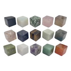 Fifteen cube mineral specimens, each cut and polished to highlight natural formations, including tiger eye, black obsidian, green aventurine, rose quartz, opalite, rhodonite etc, H2cm 