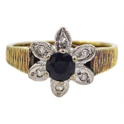 18ct gold milgrain set sapphire and diamond flower head cluster ring, hallmarked