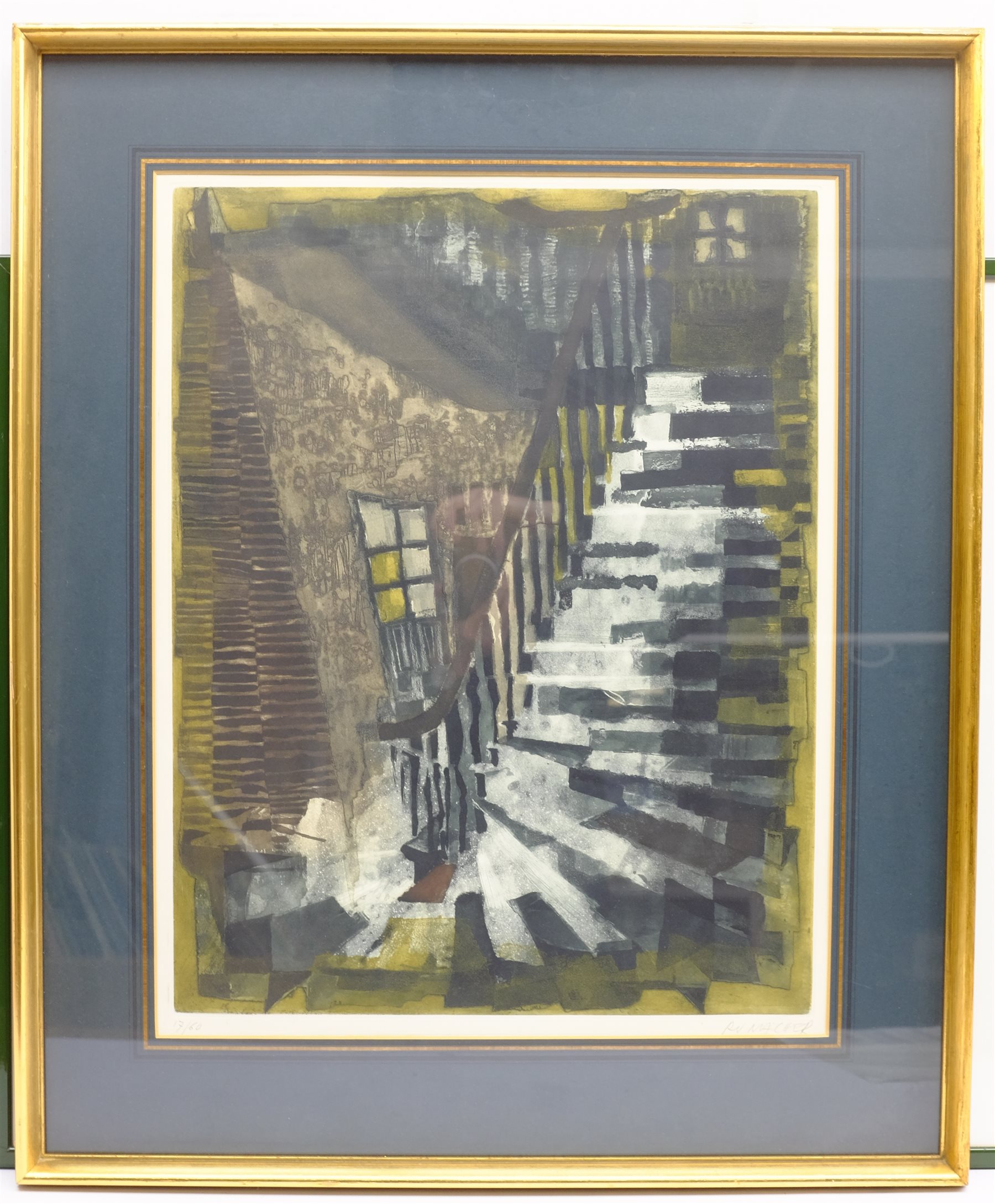 Dorothy Bart (British 20th/21st century): 'Buttercups', limited edition screen print signed titled and numbered 34/55 in pencil 40cm x 50cm; R Macher (20th century): Staircase, limited edition woodblock print indistinctly signed and numbered 17/60, 54cm x 42cm (2)