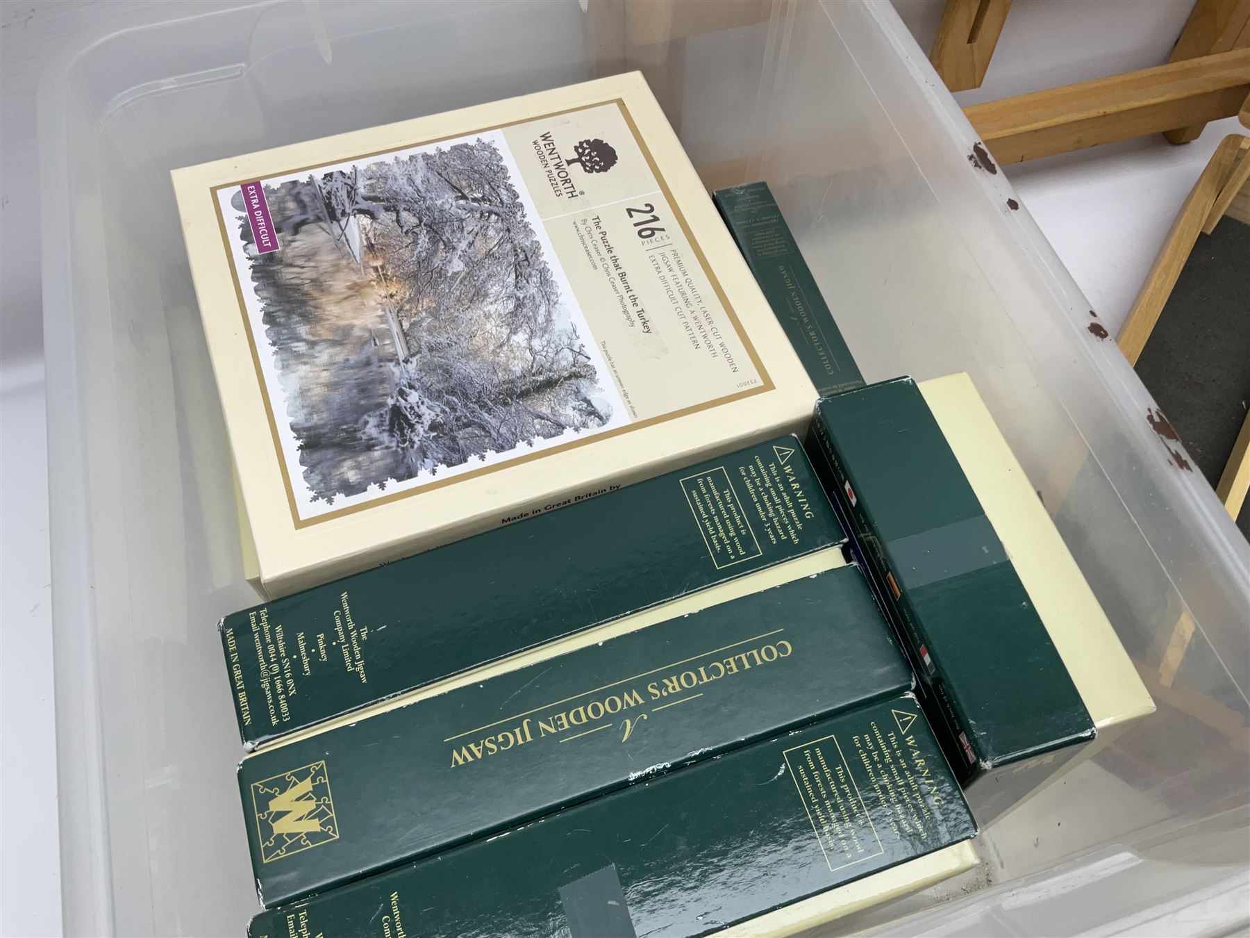 Chatsworth box easel, together with a Reeves table easel, collection of Wentworth jigsaw puzzles and two picnic baskets