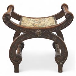 Late 19th century carved oak X-frame stool with tapestry seat