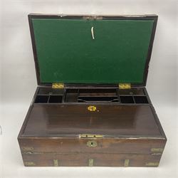 19th century mahogany writing slope, having brass capped corners, sunken twin handled, opening to reveal pull down hinged filing compartment and fitted interior, H18cm, L48, D30cm