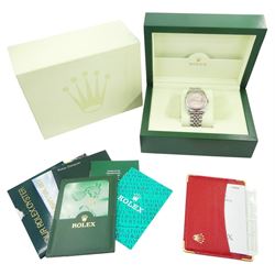 Rolex Oyster Perpetual Datejust gentleman's stainless steel automatic wristwatch, circa 2006 / 2007, Ref. 116200, serial No. Z407519, salmon pink dial with Roman numerals, on Rolex Jubilee bracelet with fold-over clasp, boxed with papers