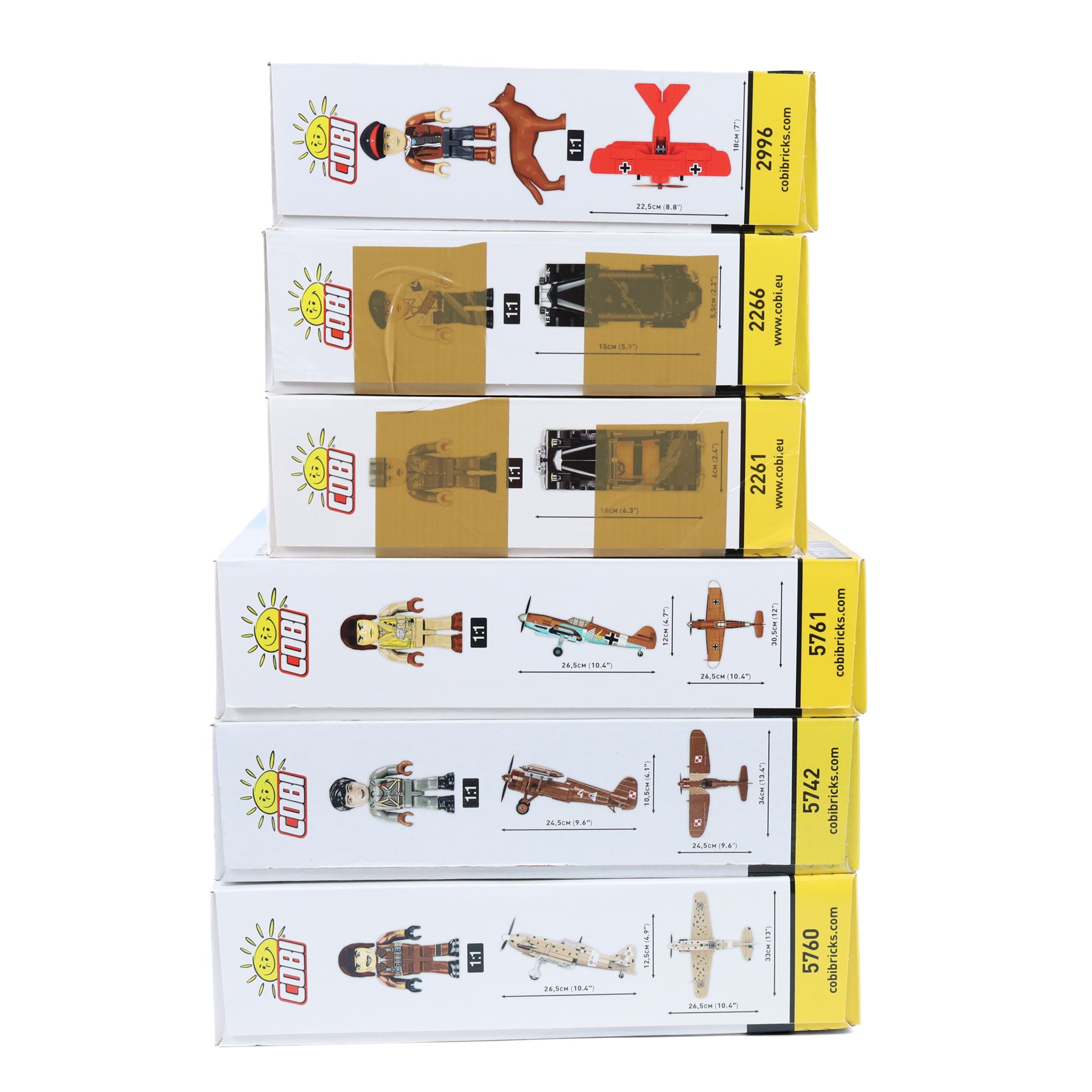 Six Cobi Bricks 1:32 and 1:35 scale Historical Collection World War II and Great War model sets, comprising no. 2996 Fokker Dr.1 'Red Baron', no. 2266 Citroen Traction 11CV BL, no. 2261 De Gaulles Horch830BL, no. 5761 Messerschmitt BF 109 G, no.5742 PZL P.11c and no. 5760 Macchi C.202 'Folgore', all boxed