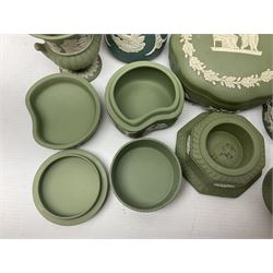 Collection of  Wedgwood green Jasperware, to include large jug, vases, trinket dishes, etc together with two teal Jasperware vases 