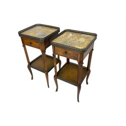 Pair French design walnut bedside stands, raised pierced gallery over square marble top with canted corners, fitted with single drawer over under-tier, raised on cabriole supports