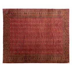 North East Persian Turkoman hand-knotted carpet, madder red field decorated with rows of r...