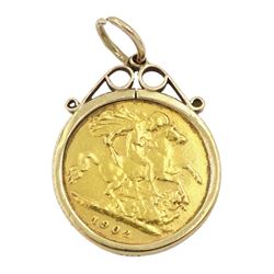 King Edward VII 1902 gold half sovereign, loose mounted in gold pendant, stamped 9ct