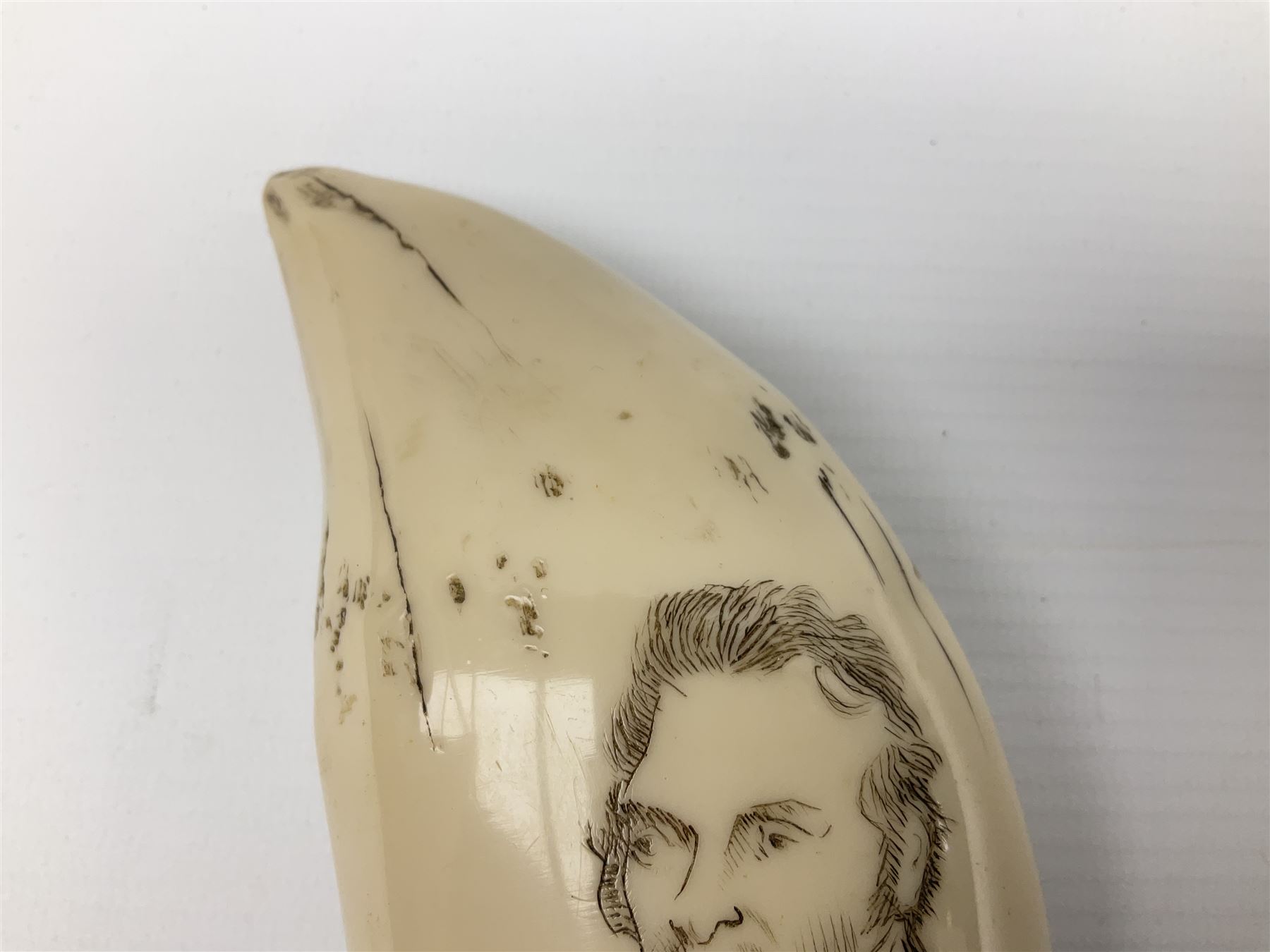 Scrimshaw style resin whale's tooth with incised decoration commemorating William Scoresby and The Baffin, Whitby, L14cm