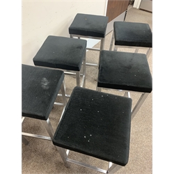 Six tall upholstered stools with polished metal bases, 37cm x 37cm, H75cm