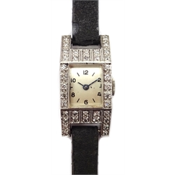  Art Deco Swiss diamond cocktail watch, chrome case by D.S.&S. on leather strap  