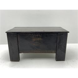 17th century vernacular oak boarded and joined clamp-front coffer or ark chest, enclosed by hinge lid, vertical stile supports