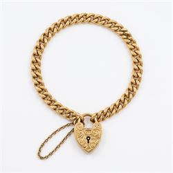 9ct gold curb link bracelet, with engraved heart locket clasp, London 1957, each link stamped 9.375
