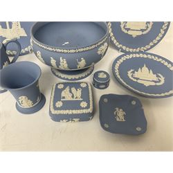 Wedgwood Jasperware footed bowl, together with other Wedgwood jasperware, to include Piccadilly Circus 1971 Christmas book, covered trinket boxes, Christmas plates etc (9)