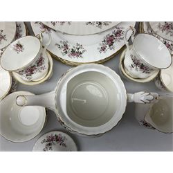 Royal Albert Lavender Rose pattern tea service for six place settings, comprising teapot, six cups and saucers, milk jug, open sucrier, dessert plates and dinner plates (27)
