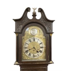 German - 8-day oak longcase clock c1910, with a carved case, swan necked pediment and fully glazed trunk door, brass dial with a silvered chapter ring with Roman numerals, minute track and silvered 