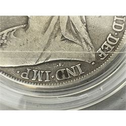 Charles I 1625 hammered silver sixpence, Queen Victoria 1894 crown coin and a cased hallmarked silver medal for the Hull photographic society, engraved '1940' 'Leonard Vokes', all housed in a red Pobjoy Mint coin box