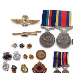 Two silver Merchant Navy service medals, both hallmarked, five other medals including miniatures and a collection of enamel pin badges