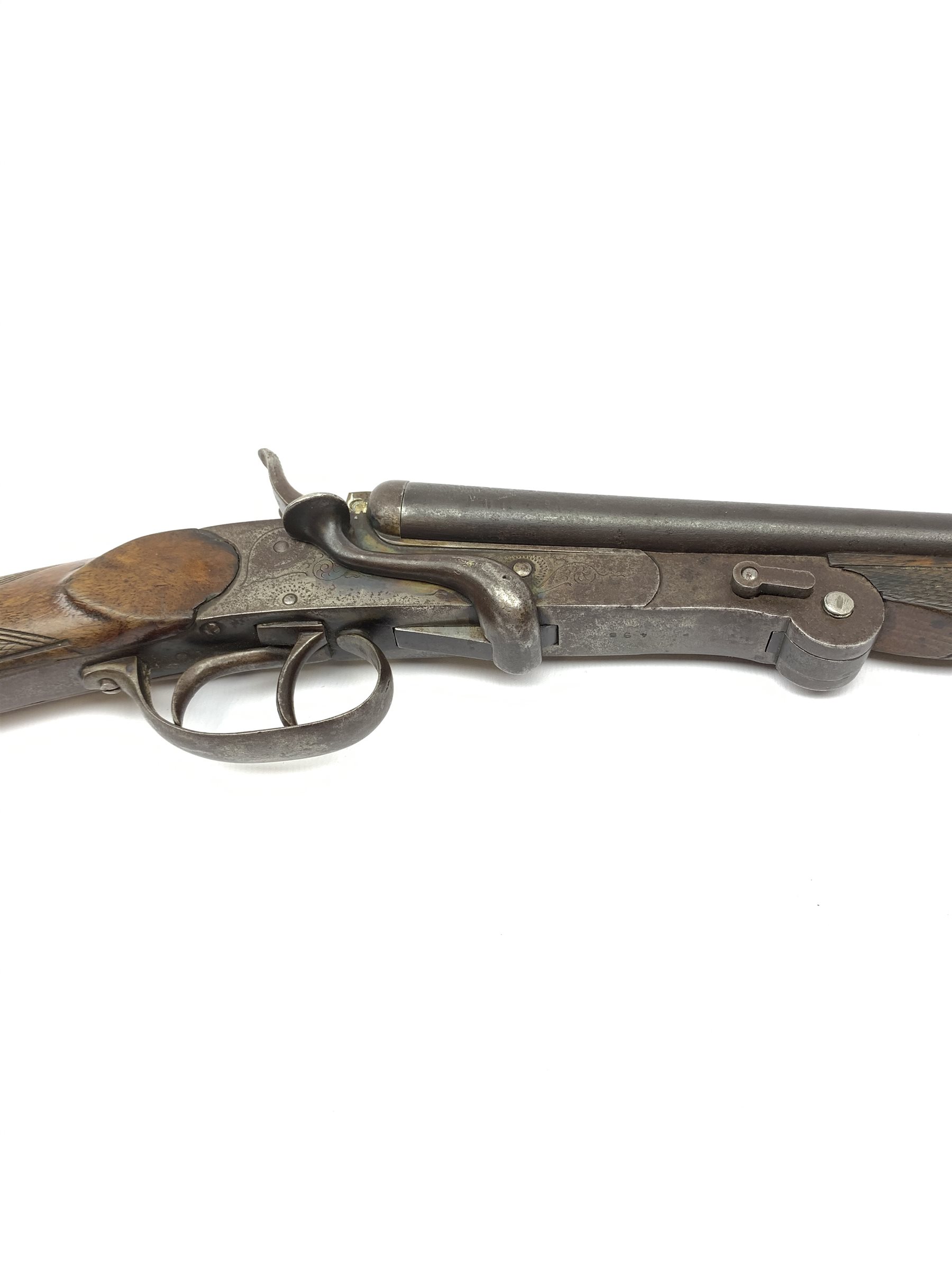 Belgian .410 side-by-side double barrel hammer shot gun with side lever operated folding 70cm barrels and walnut skeleton stock, No.498, L109cm overall SHOTGUN CERTIFICATE REQUIRED