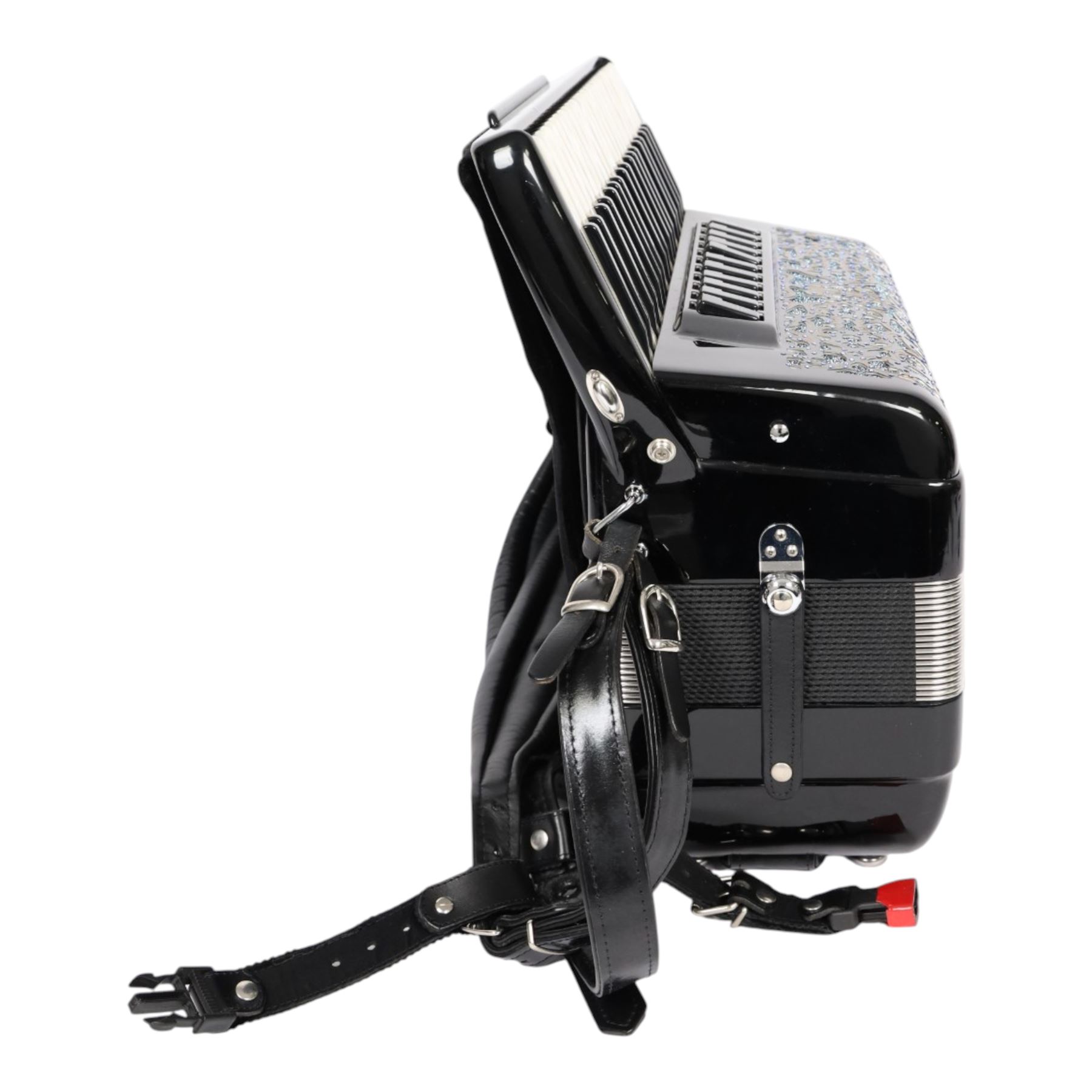 Vignoni Philharmonic II basso piano accordion, with 41 keys, possibly a custom model,  the black high gloss case with carrying strap and in fitted case with grey faux fur interior